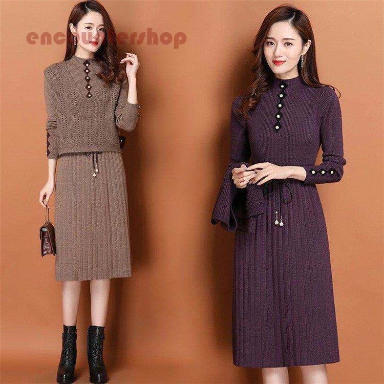 2点セット ニットワンピース レディース 40代 秋冬 セーター メリヤス ワンピース セットアップ ベスト チョッキ きれいめ 長袖 オシャレ 通勤 30代 40代 50代