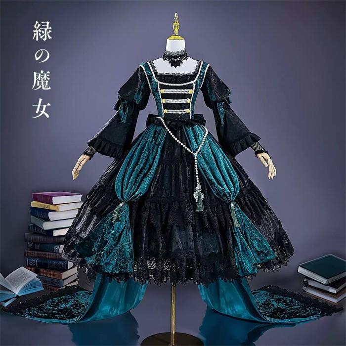 (WJ Fashion)黒執事 ジークリンデ サリヴァン コスプレ衣装 ドレス セット 緑の魔女 ジークリンデ・サリヴァン 衣装 ウィッグ 靴付き 豪華 フルセット コスチューム 仮装
