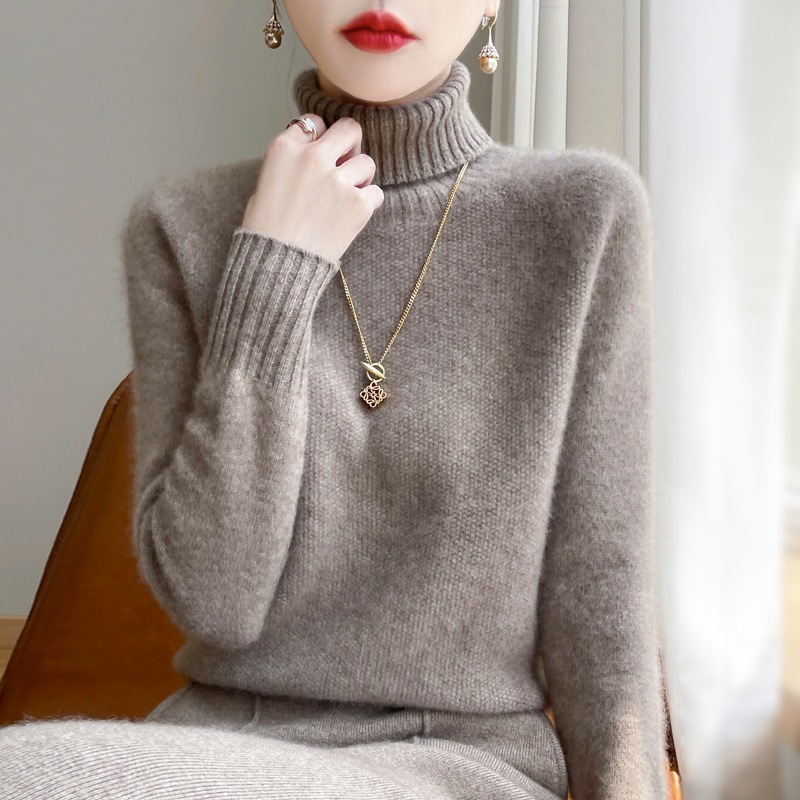 秋冬新作の厚手のモックネック長袖ニットウールセーター（レディース）シームレスですぐに着られるゆったりとしたインナーレイヤーセーター