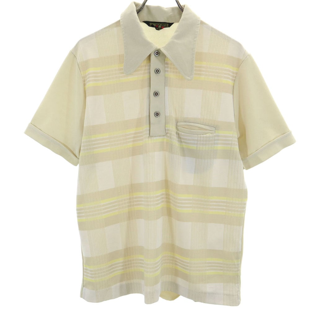 70s ヴィンテージ チェック柄 半袖 ポロシャツ XL ベージュ系 メンズ