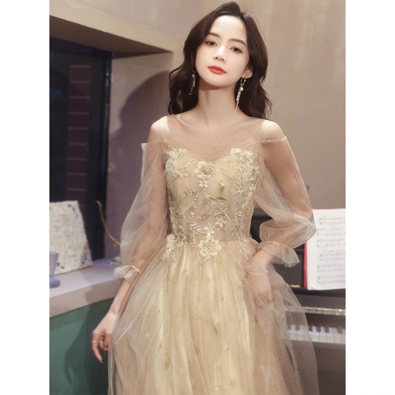 ゴールドのイブニングドレス結婚式ドレス ロング 個性的 パーティードレス お呼ばれ Aライン レース レディース ワンピース 大人 結婚式 披露宴 演奏会 ホスト パーティー卒業パーティー