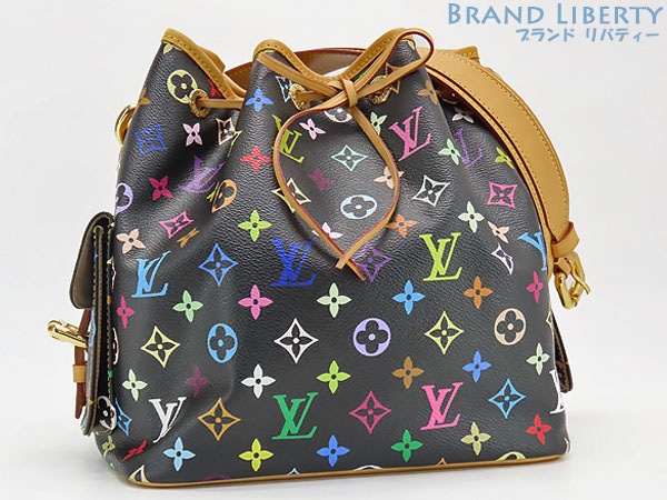 レア美品ルイヴィトンモノグラムマルチカラープチノエ巾着型ショルダーバッグドローストリングバッグノワールM42230