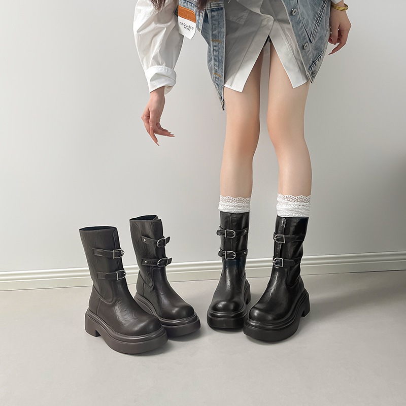 厚底ブーツ ショート 2025秋冬新作 インソールブーツ中筒 パンツブーツ