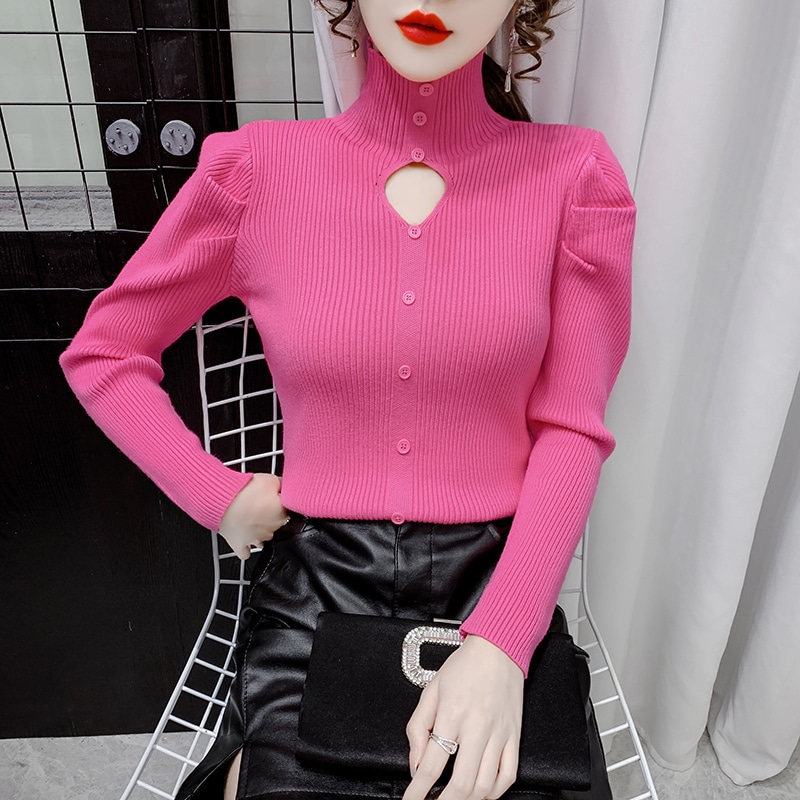 レディース トップス ニット 長袖 パフスリーブ ハイネック 細身 フェミニン 前開き リブニット かわいい 大人可愛い シンプル カジュアル おしゃれ ガーリー エレガント ラブリー キュート