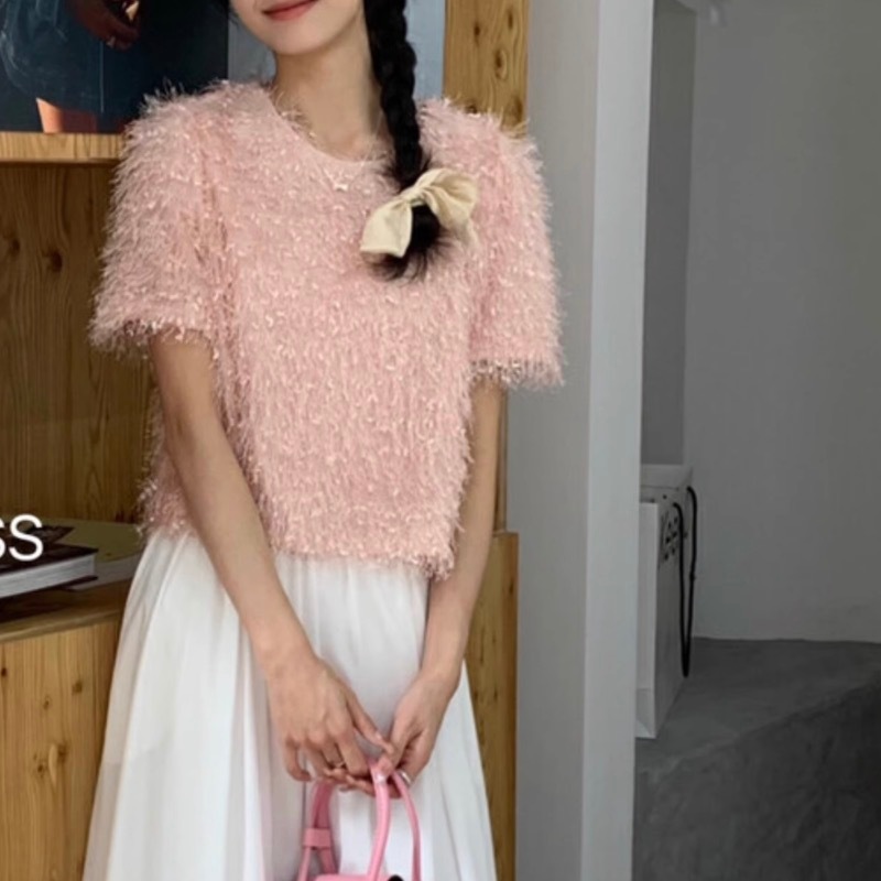 レディース トップス カットソー デート ショート ショート丈 袖あり 半袖 ラウンドネック クルーネック 襟なし スマート かわいい 大人可愛い きれいめ シンプル カジュアル 上品 おしゃれ