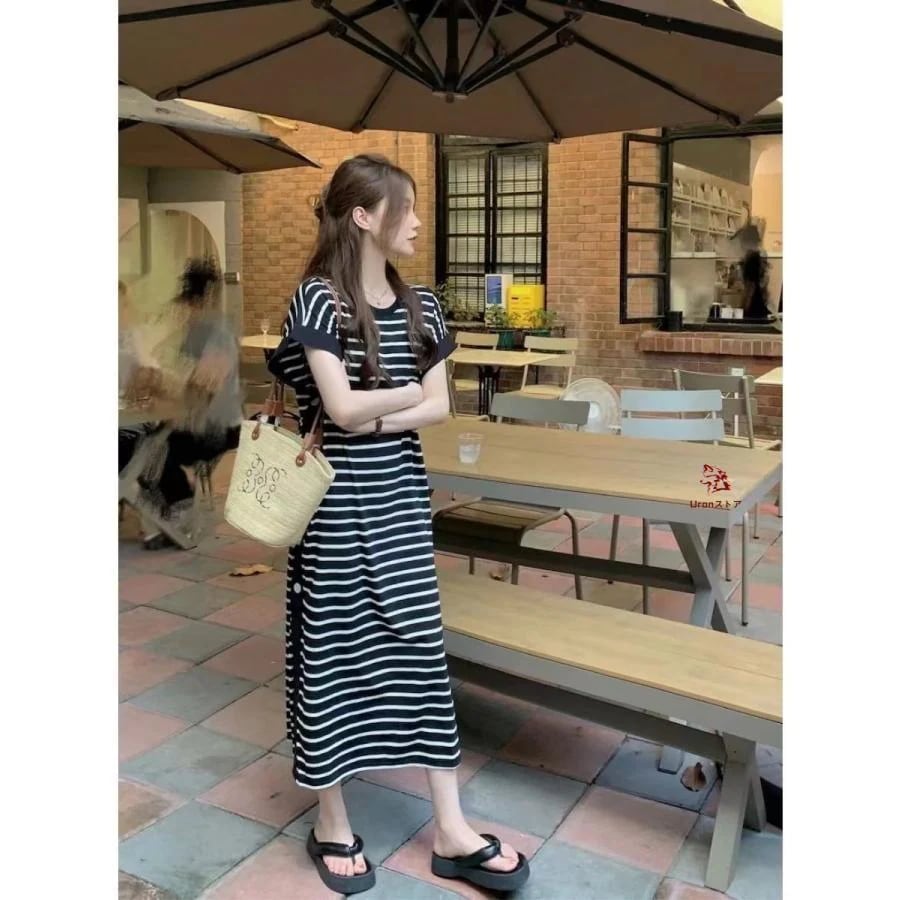 Tシャツワンピース ボーダー スリットワンピース 半袖 夏のワンピース レディースワンピース 夏 ボーダーワンピ Tシャツワンピ スリット入り ボーダーワンピース