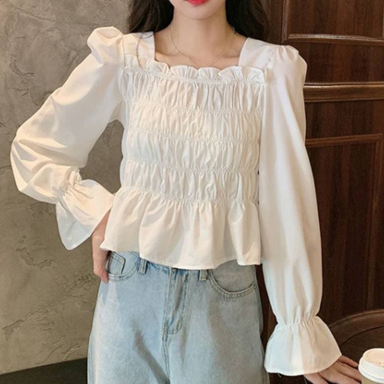 3color レディース シャーリング長袖トップス スクエアネックブラウス シャーリングプルオーバー