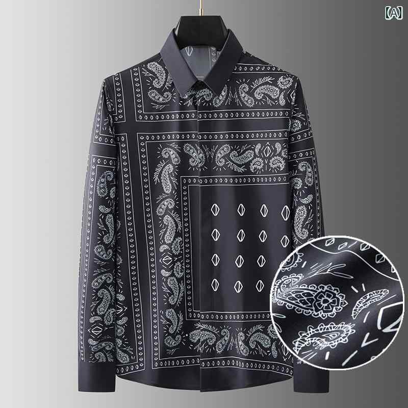ペイズリー柄 シャツ メンズ バンダナ柄 アメリカ 春秋 レトロ カシューフラワー カジュアル スリム 長袖 抗シワ 黒