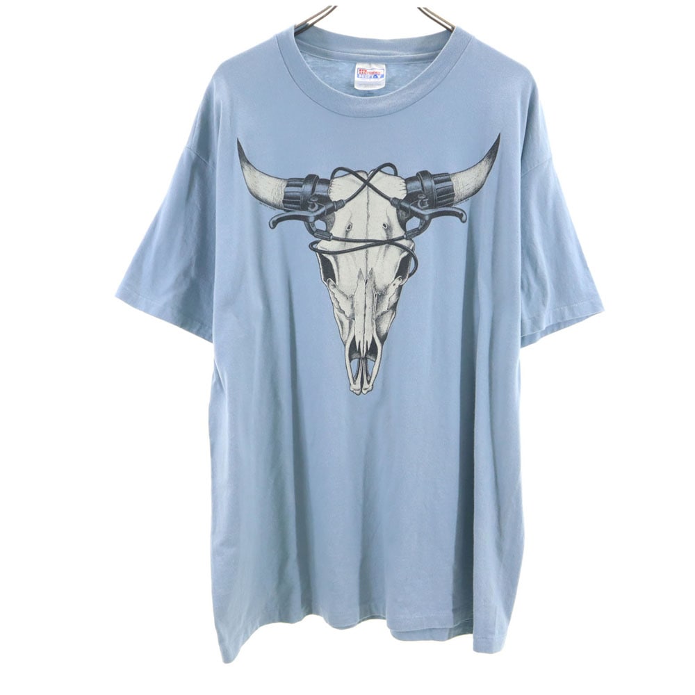 90s USA製 オールド プリント 半袖 Tシャツ XL ブルー系 メンズ
