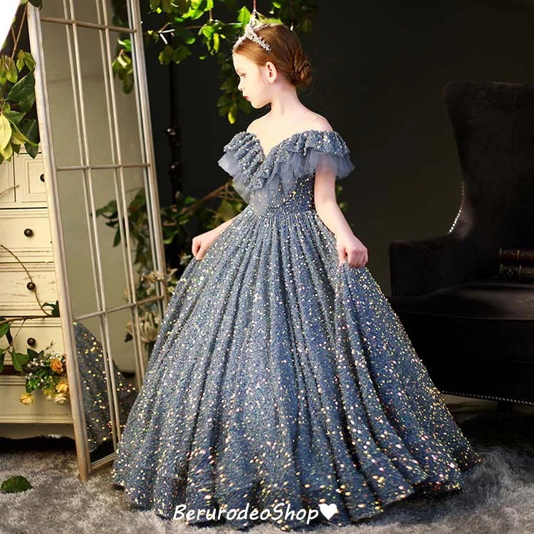 子供ドレス スパンコール キラキラドレス ピアノ発表会ドレス ロングドレス 女児ドレス ブルー キレイめ 女の子ドレス フォーマル 演奏会ドレス キッズドレス 100 110 120 130 140
