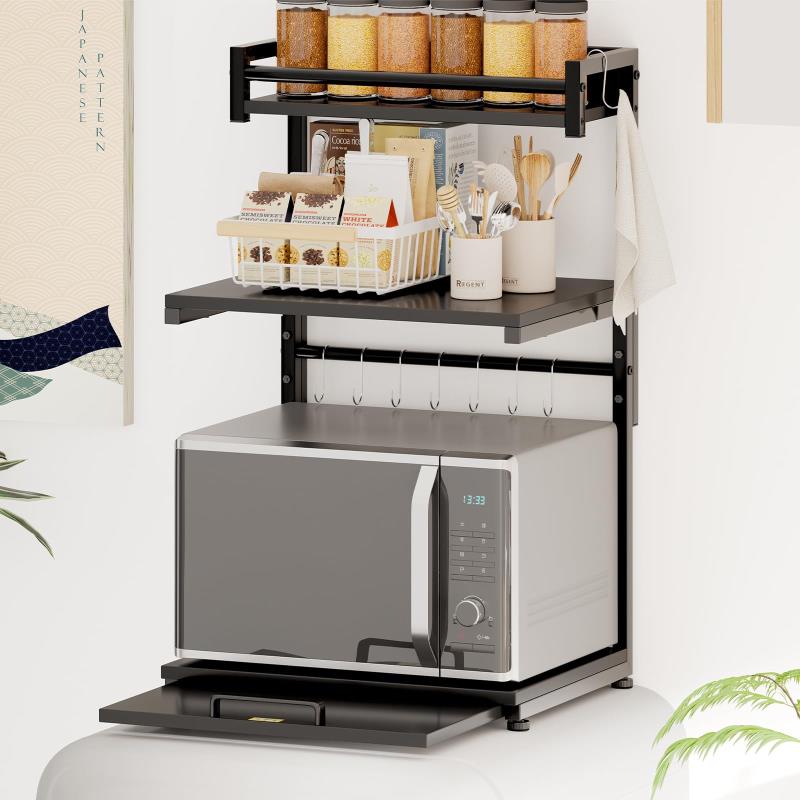 LunarLight 冷蔵庫上ラック レンジ上ラック 幅43奥行き33高さ58～72cm 棚板高さ4段調節 スライド棚・Sフック8個付き アジャスター・フェルト付き 総耐荷重42.5kg トースター置