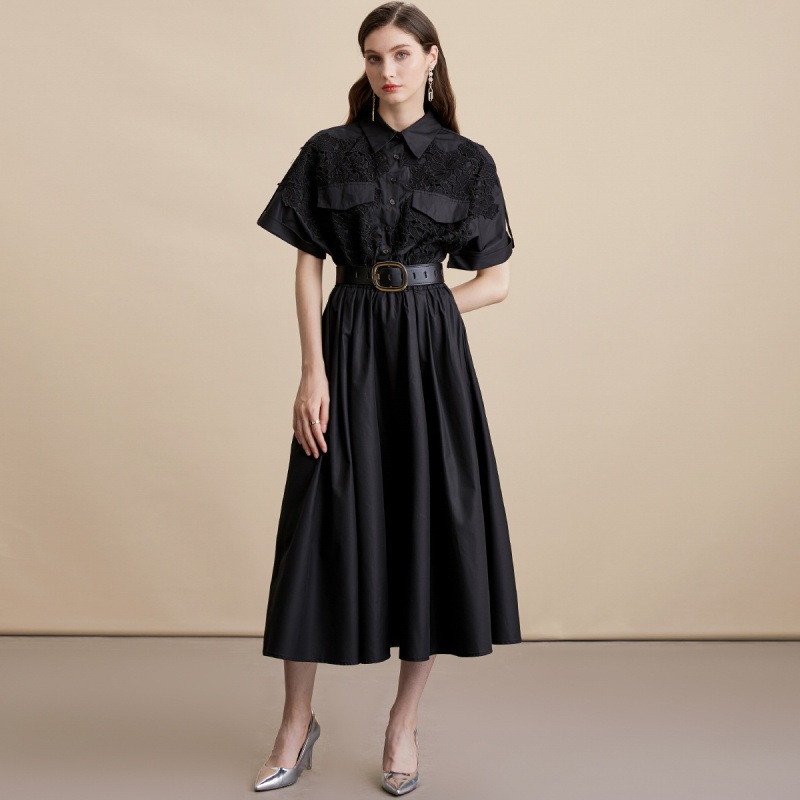 ブラックレースシャツワンピース（フラースカート） 入学式 卒業式 結婚式 演奏会 パーーティー お呼ばれドレス