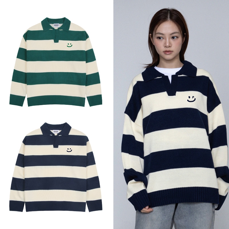 [UNISEX] Drawing smile striped collar knit_2color