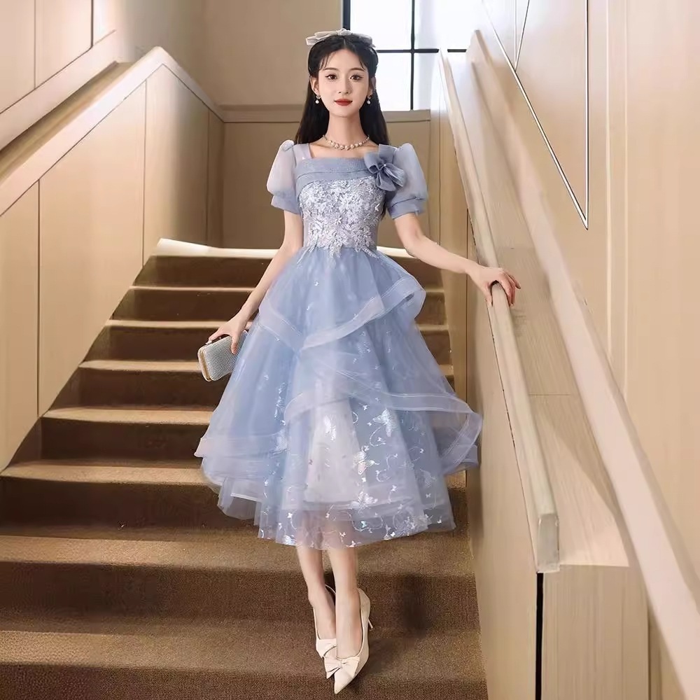 【急速出荷】送.料.無.料.青い 宴会 学生 ワンピース ポンポンスカート 結婚式OL正式な場合礼装 誕生日/成人式 ドレス