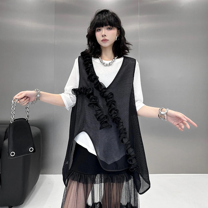 【Noir Mode】 夏 透け感 立体的な花柄 アシンメトリー ベスト デザイン性 ブラックコーデ 大きいサイズ レディース 体型カバー アウター トップス