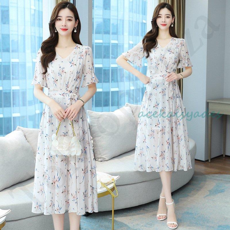 ワンピース レディース マキシワンピース 春夏 半袖ワンピース 花柄シフォン vネック フレアスカート ひざ下 オシャレ 大人 結婚式ドレス 4,839円