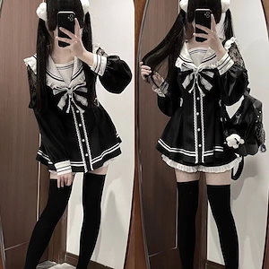 Qoo10-クラッシュベアの甘い地雷系リボンウエスト収納長袖ワンピース+オールインワンパンツスーツ女
