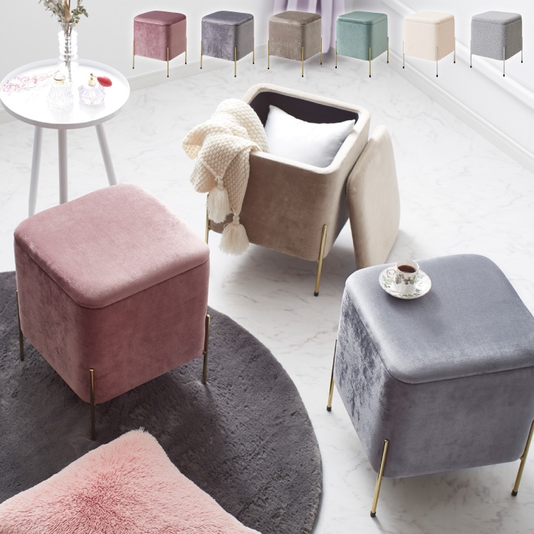 スツール 収納 おしゃれ ベルベッド ベロア くすみカラー 3030cm 正方形 ゴールド 脚付き リビング ドレッサー 玄関 椅子 イス チェア オットマン かわいい 収納ボックス 収納スツール