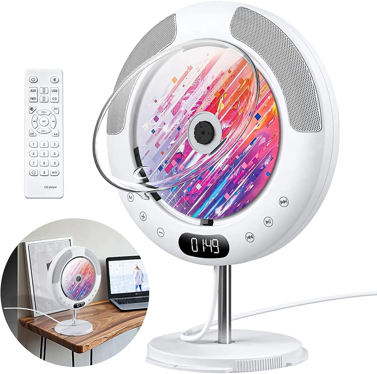 CDプレーヤー 卓上置き式 防塵透明カバー付き 多機能 ミニコンポ 1台多役 Bluetooth/CD/FM