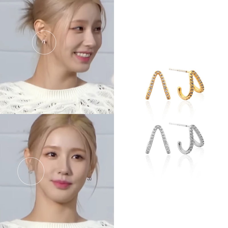 [子供たちミヨン着用] ダブルライン二本三角キュービックイヤリング(シルバー針)/韓国女性アクセサリー/韓国ファッションスタイル/SNS人気/韓国ジュエリー/芸能人着用アクセサリー/デイリーアイテム/
