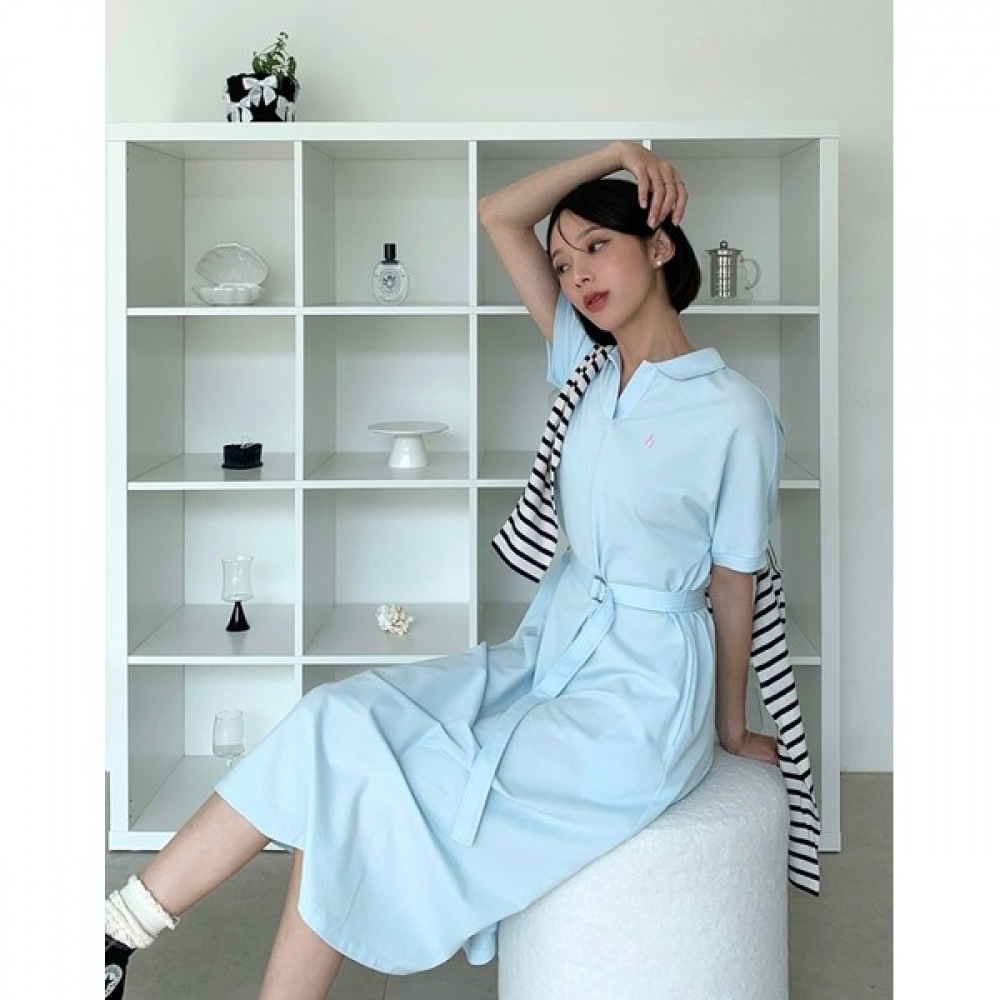 (ヘッジズレディース) 24SS ライトブルーベルト付きショートスリーブピケドレス HSDR4BC35B1