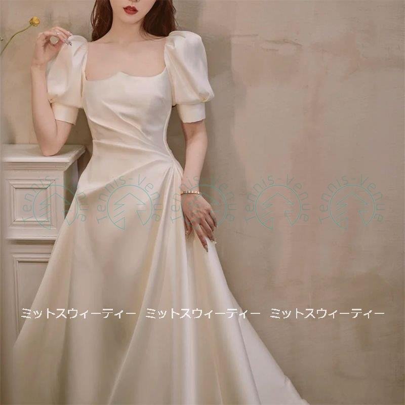 ウェディングドレス aラインドレス 半袖 ウエディングドレス スクエアネック 二次会 花嫁 パーティ