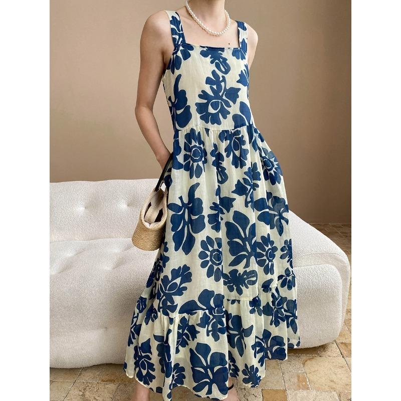 Garden Story Retro Plant Silhouette Print A Strap DressリネンSN lounge dress compre agora cozy