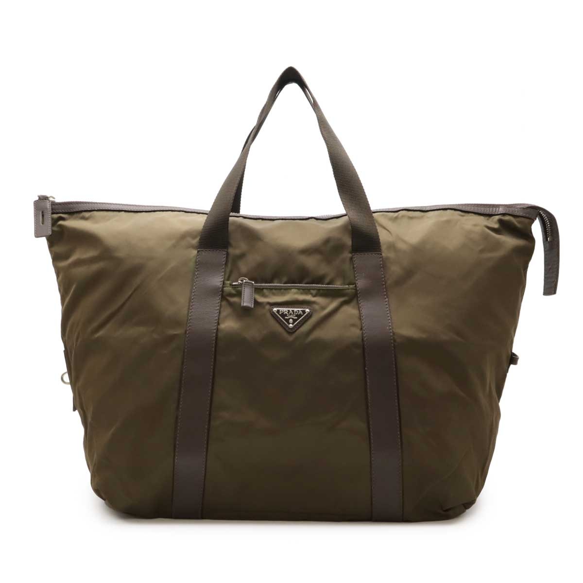 トライアングルロゴ ボストンバッグ トラベルバッグ 旅行カバン ナイロン レザー カーキ ダークブラウン V49