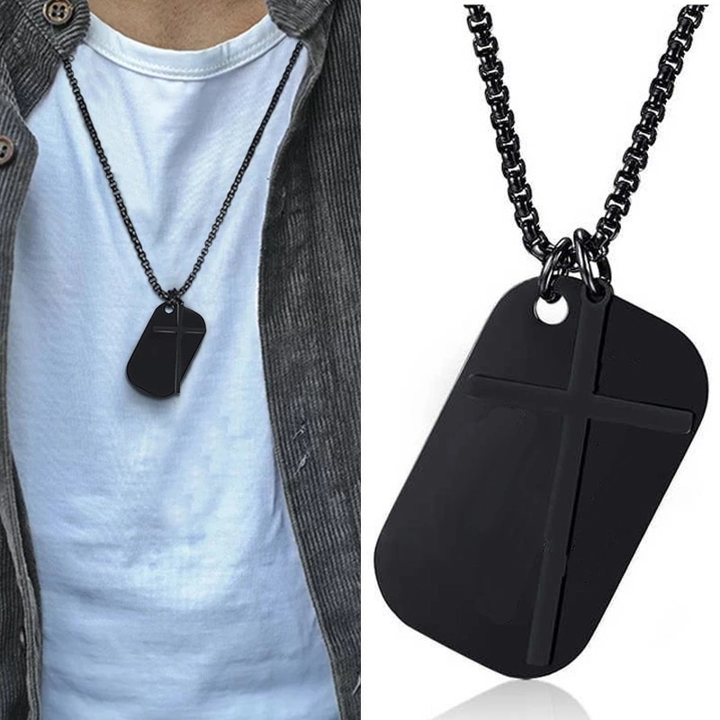 ブラッククロスドッグタグネックレス 60cmのチェーン付き 3mm 甲丸リング 十字架 黒色 ロザリオ 首飾り アクセサリー サージカルステンレス316L 男性 女性 stt00-00-0117