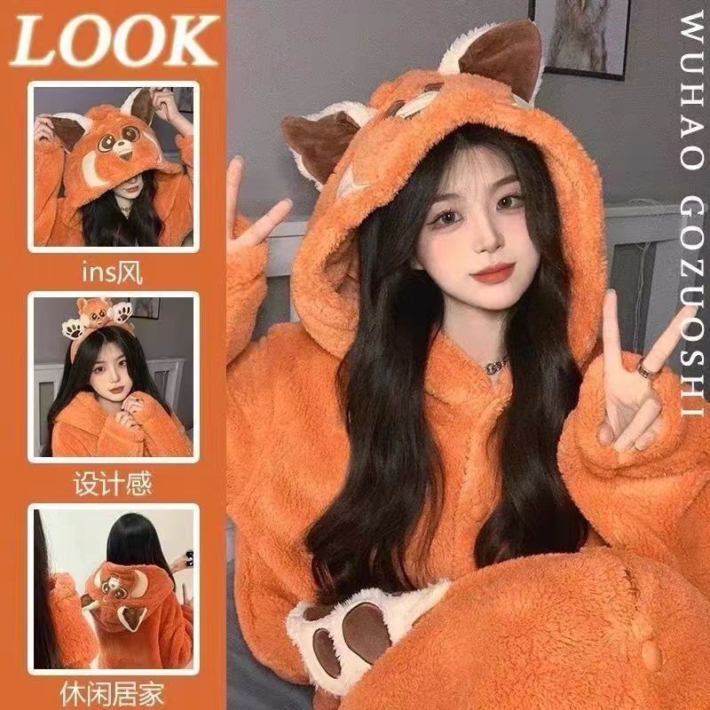 キツネのパジャマ女性の冬のサンゴのベルベットは保温フランネルの長い帽子の冬の寝衣の家の服を厚くした