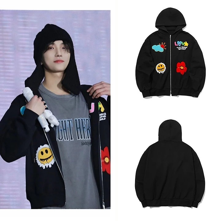 [SEVENTEENジョシュア着用]Multi Logo Hooded Zip-Up Black