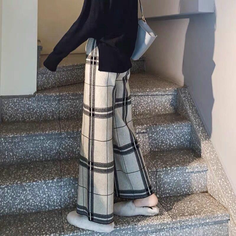 ワイドパンツ チェック柄 ニットパンツ ウエストゴム ハイウエスト 秋 冬 楽ちん 韓国 レディース オルチャン ボトムス パンツ かわいい 可愛い 大人可愛い きれいめ カジュアル 大人