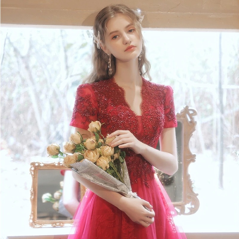 カラードレス半袖 パーティードレス Vネックロングドレス Aラインドレス ステージ 衣装 豪華ドレス イブニングドレス 編み上げタイプ フォーマルドレス 前撮り撮影 セクシー 二次会 花嫁 結婚式 披