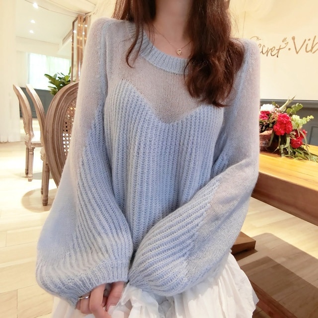 透け感チュール切替ニットスウエット