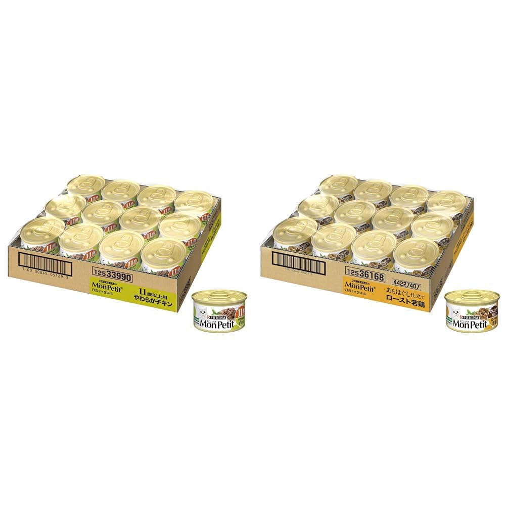 【セット買い】モンプチ 缶 高齢猫用(11歳以上) やわらかチキン 85g×24缶入り (ケース販売) [キャットフード] + モンプチ 缶 成猫用 あらほぐし仕立て ロースト若鶏 85g×24缶入り