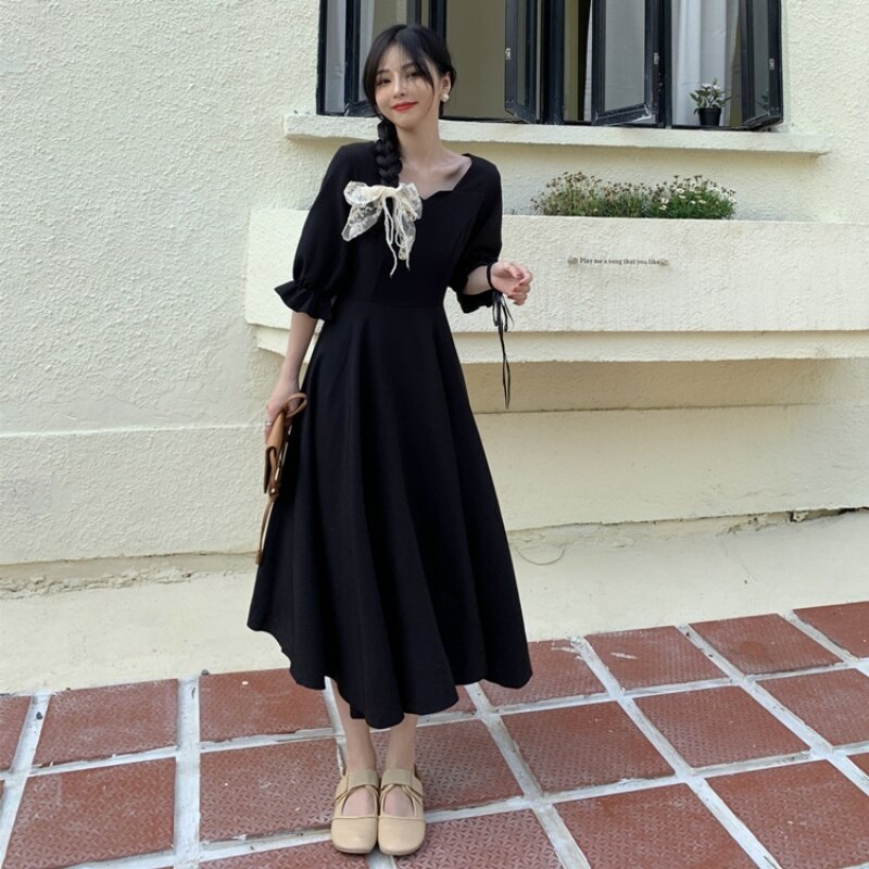 ワンピース 袖あり 7分袖 パフスリーブ 無地 ハイウエスト シンプル 大きいサイズ オーバーサイズ フレア Aライン ミディアム ミディ Vネック ヘンリーネック M L XL 2XL