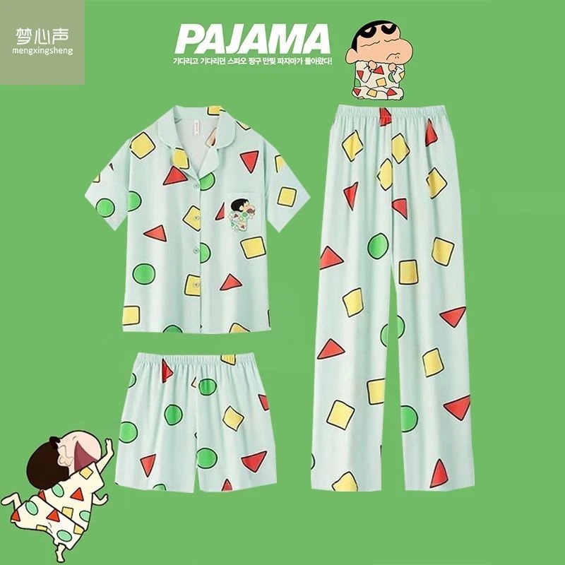 [限時優惠/最新デザイン]夢心の声クレヨンしんちゃんパジャマ女性夏氷糸半袖冷感アニメかわいい家庭服カップル三点セット