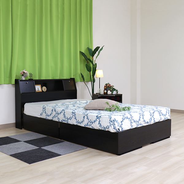 ベッド 日本製 ブラック シングル マットレスセット ポケットコイル 収納付き 引き出し付き 棚付き コンセント付き 照明付き フラップ テーブル付き シングルベッド