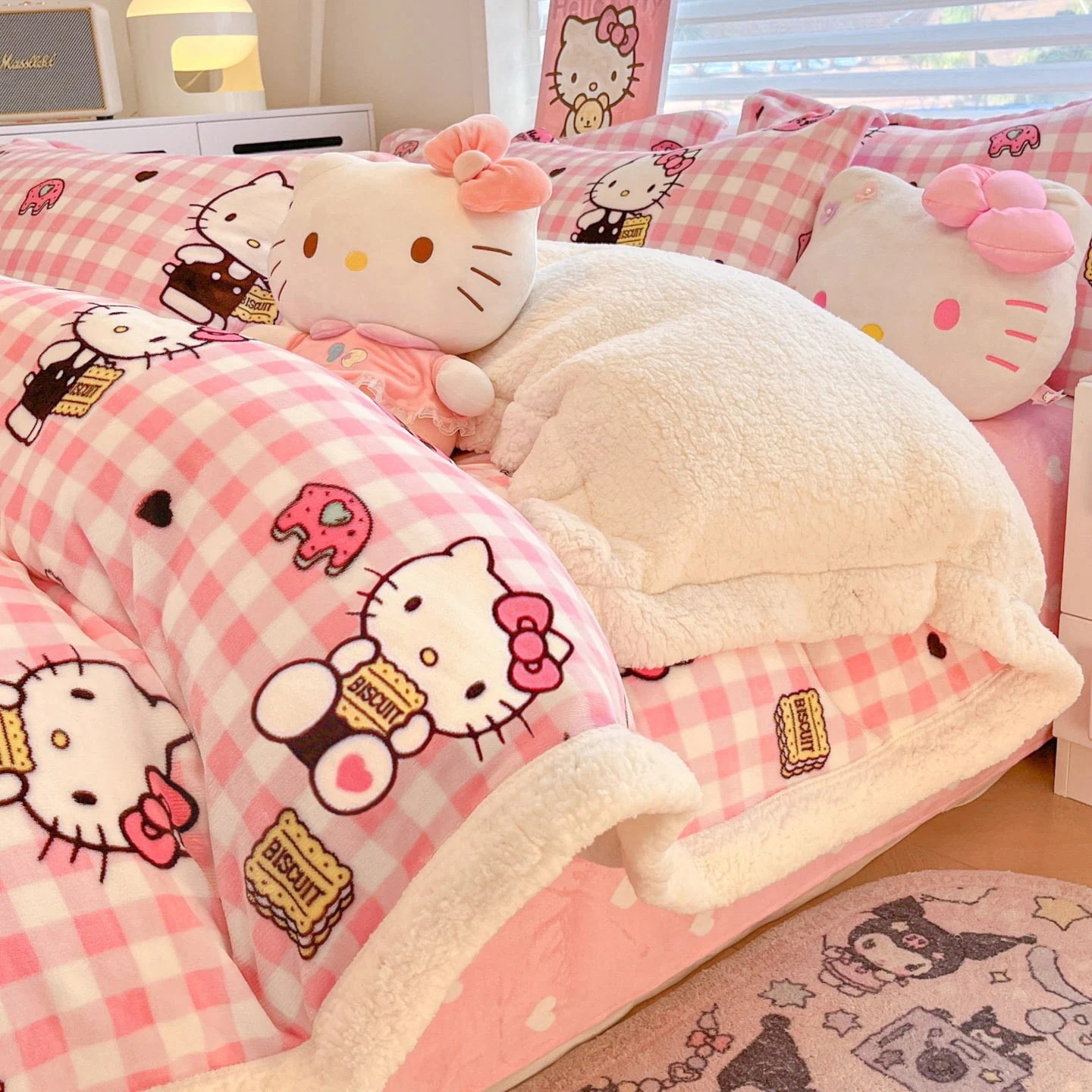 期間限定特典10%サンリオ厚手ミルクウール4点セットベッド用品子羊ウールブランケット多機能四季ブランケット4点セット2つの方がお得です