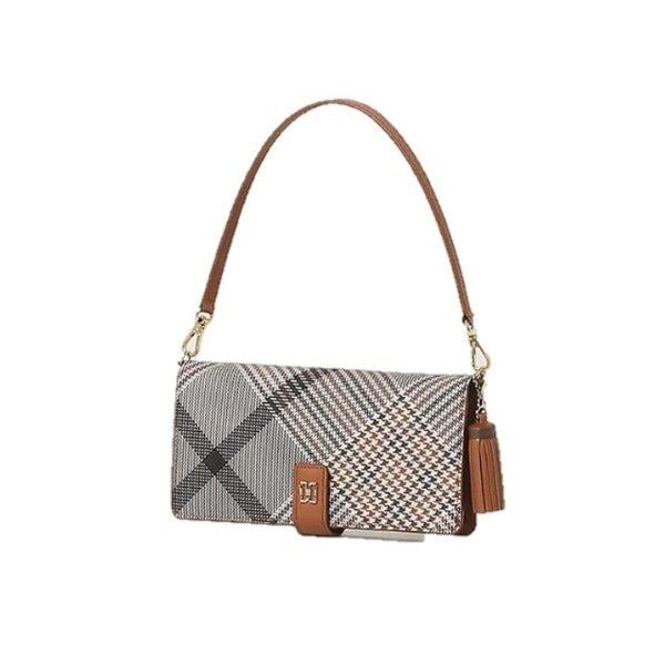 AK水原店 ハンドバッグ ブラウン チェック柄 タッセル装飾 携帯電話財布 DCHO5F328