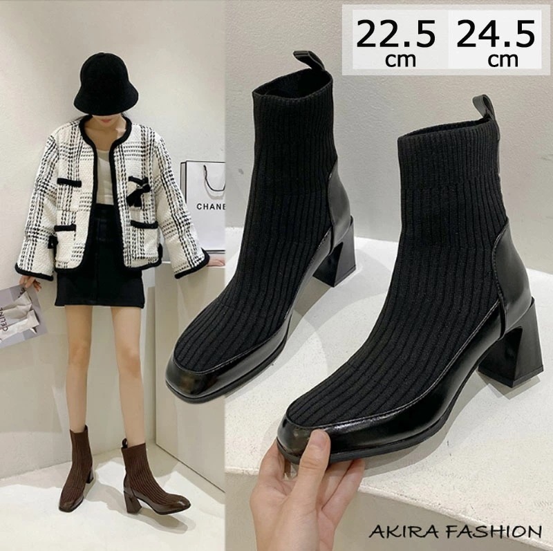 2025秋冬生活応援 ソックスブーツ レディース ニット ブーツ ショートブーツ スクエアトゥ ストレッチ ショート 異素材 切替 7センチヒール デザインヒール 太ヒール ブラック ブラウン 柔らか