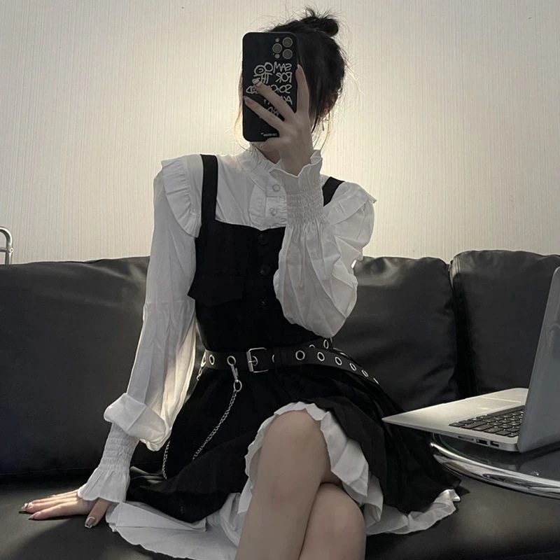 Coolgirlファッション 2点セット 百掛けシャツ＋ウエスト引き締めサロペットスカート