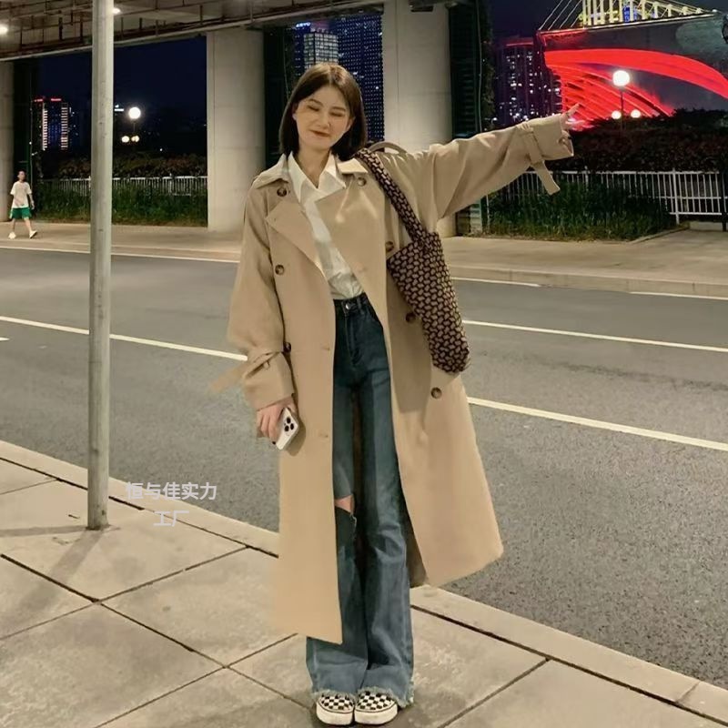 カーキトレンチコートレディースミドル丈春秋新作韓国風小英国風ハイエンドライト高級コート