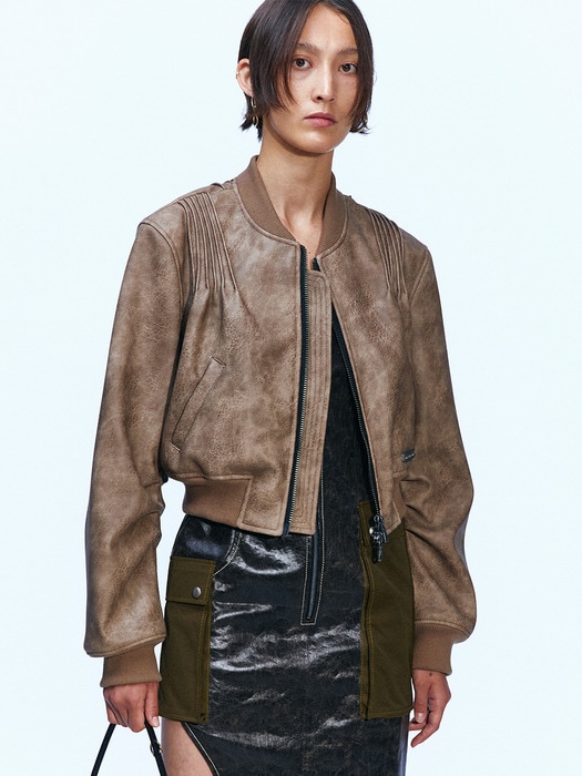 ADSB ANDERSSON BELL for WOMEN TANYA FAUX LEATHER PINTUCK BOMBER JACKET awa516w(BEIGE) 限定版 韓国の人気ファッショ