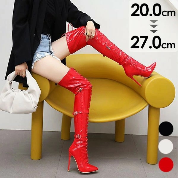 ロングブーツ ニーハイブーツ ハイヒール レディース 編み上げ レースアップ ヒール12cm ブーツ 黒 白 赤 美脚 シューズ 靴 秋冬 春 20代 30代 ブラック ホワイト レッド 小さいサイズ