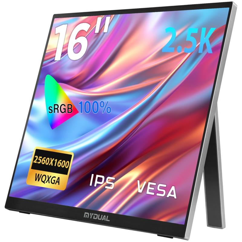 Mydual モバイルモニター 16インチ 2.5K 2560x1600 非光沢IPS液晶パネル 100%sRGB広色域 軽量 薄型 スタンド付き 自立型 持ち運び VESA対応 60HZ ゲーミング