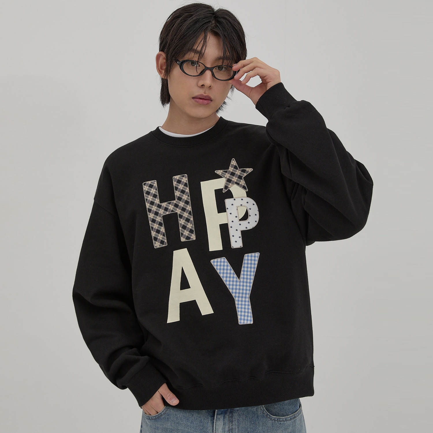 HAPPY Patchwork Sweatshirt BLACK