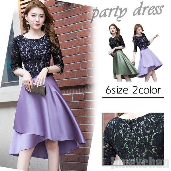 ドレス 膝丈 パーティードレス レース ワンピース 結婚式 披露宴 二次会 謝恩会 発表会 演奏会 不規則ドレス 20代 30代 40代 Aパープル Bグリーン