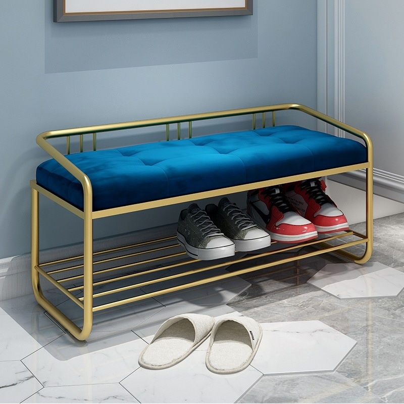 ロング スツール ベルベット調 靴交換 幅 100cm チェア シューズラック 付き おしゃれ かわいい ベンチシート 玄関 収納 ブルー グリーン