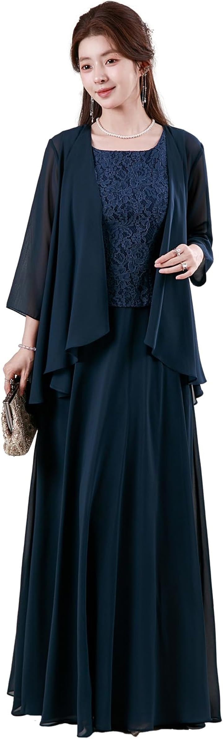 シフォンカーディガン付き ロングドレス レディース フォーマル レース 体型カバー 結婚式 パーティー (ネイビー, L)